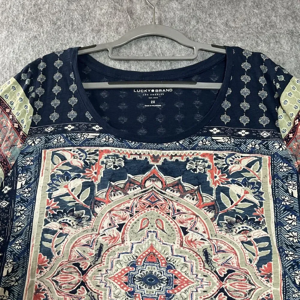 Lucky Brand Shirt Womens Plus 2X Blue Floral Short Sleeve Scoop Neck Boho Top